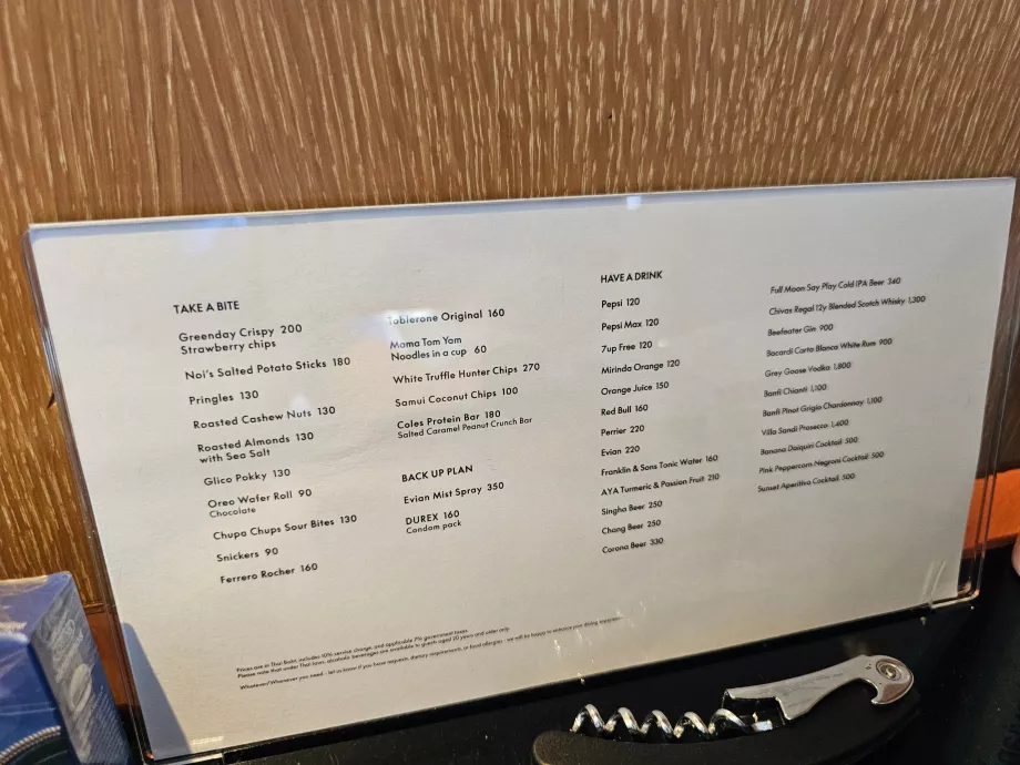 Lista de prețuri pentru minibar