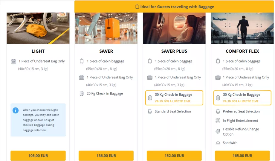 Clasele tarifare Pegasus Airlines
