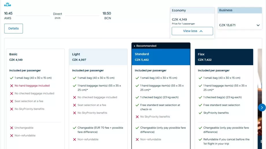 Air France-KLM: captură de ecran a noului tarif