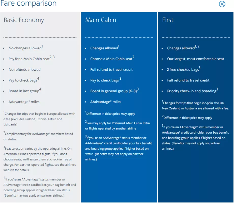Tarife interne American Airlines