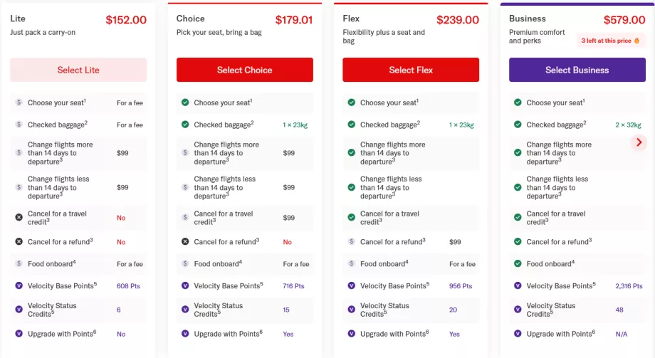 Tarife Virgin Australia