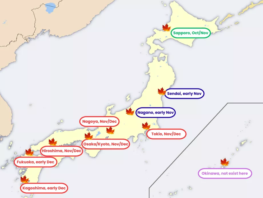 Harta frunzișului de toamnă din Japonia