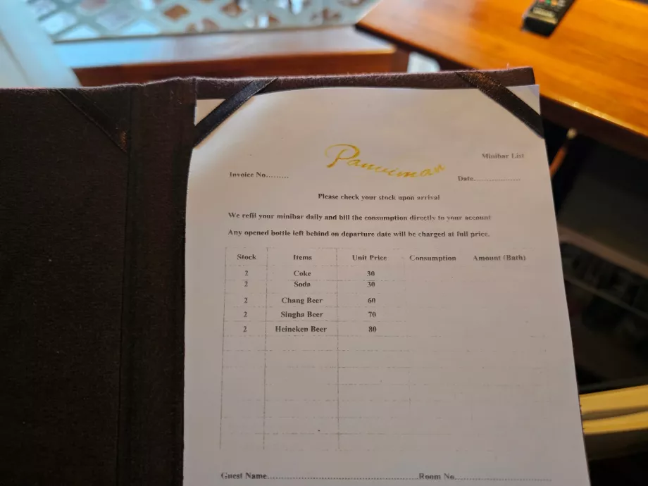 Lista de prețuri pentru minibar