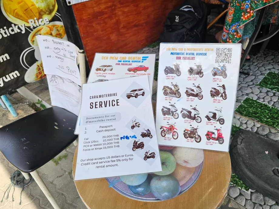 Lista de prețuri pentru închirierea scuterului