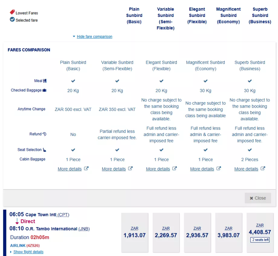 Clase tarifare Airlink