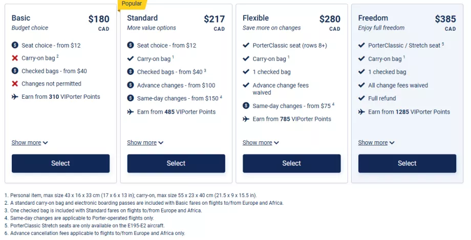Porter Airlines - clase tarifare
