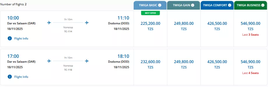 Clase de tarife Air Tanzania