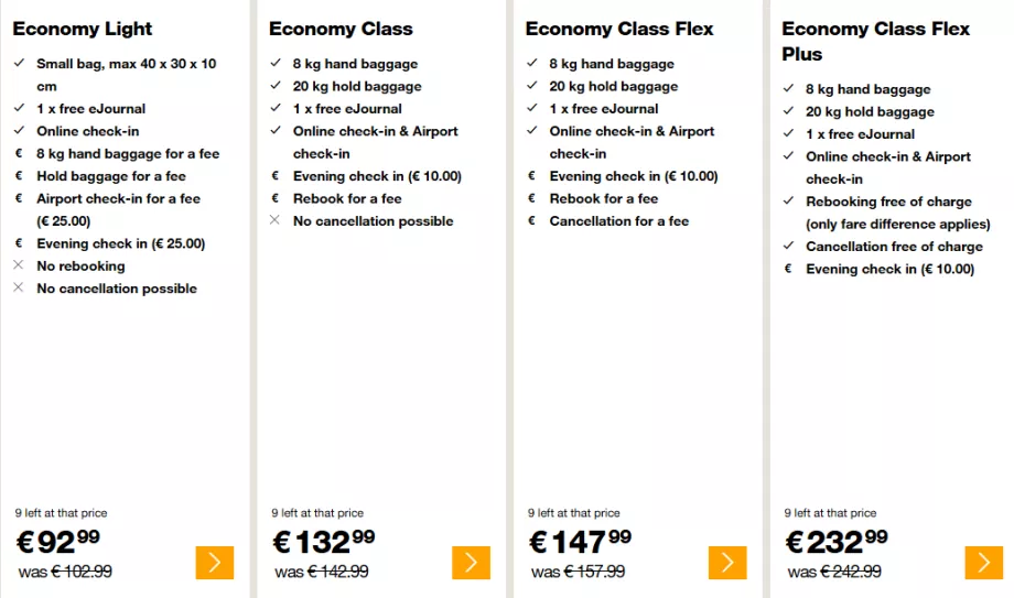 Tarife pentru clasa economică