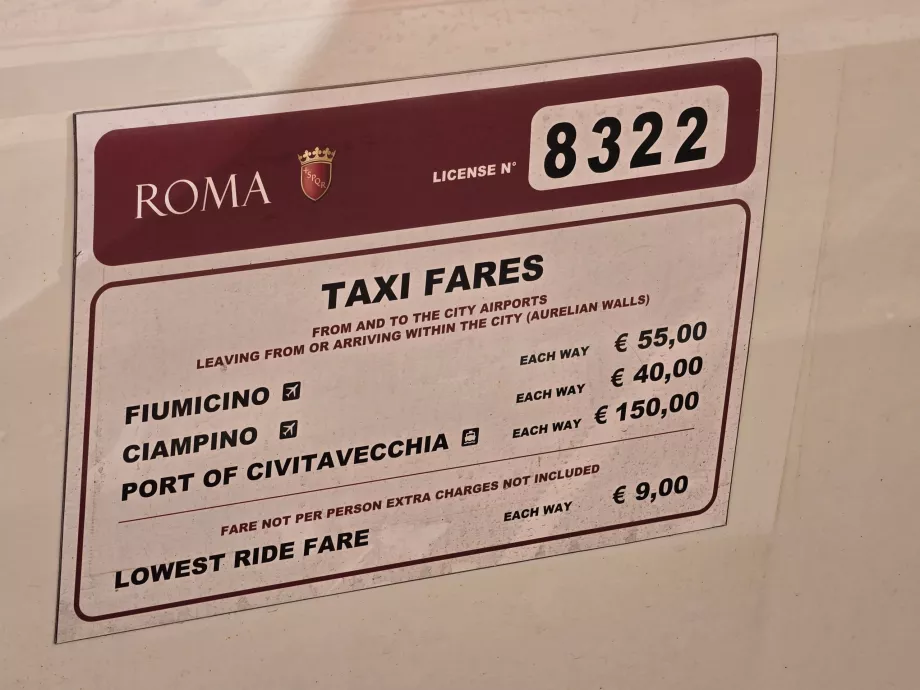 Prețurile oficiale ale taxiurilor în Roma