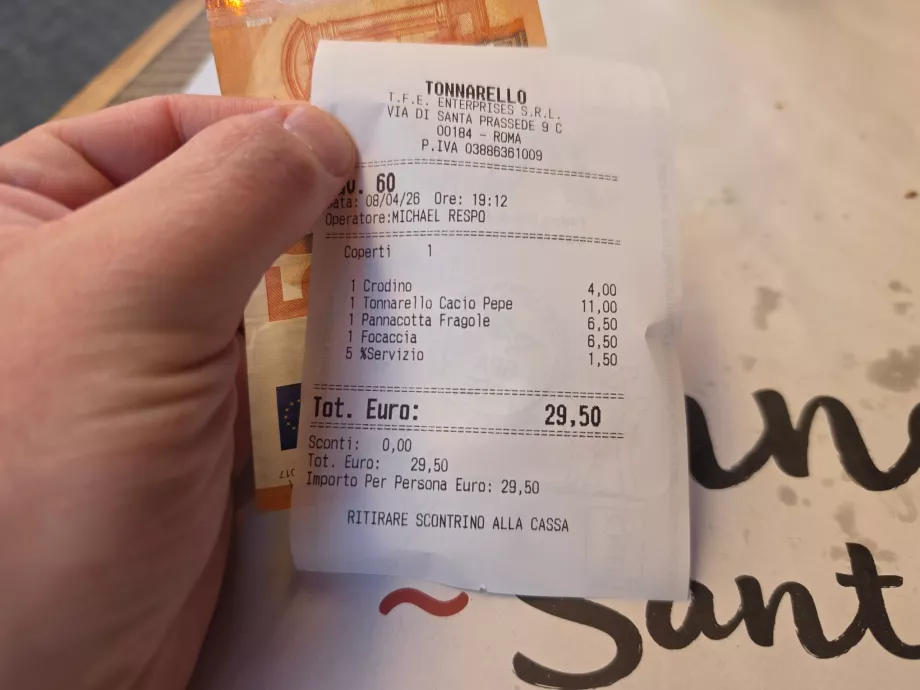 Tonnarello Santa Maria, suma totală a facturii
