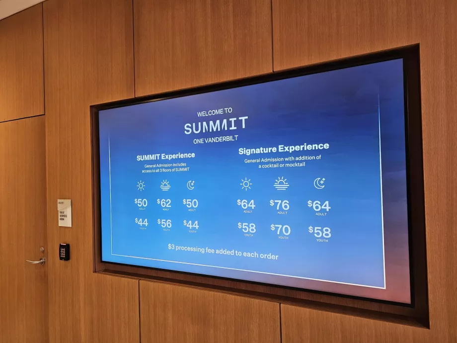 Summit One Vanderbilt, lista de prețuri