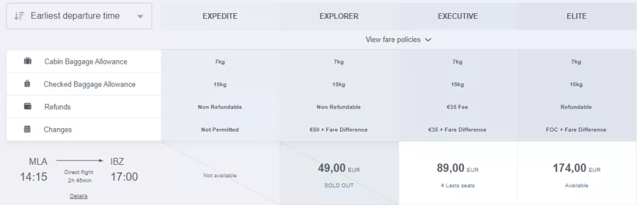 Exemple de clase tarifare Universal Air - captură de ecran de pe site